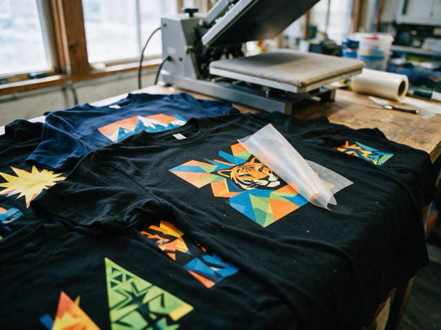 Camisetas negras con estampado DTF extendidas sobre la mesa, una con el film todavía a medio despegar, y la plancha térmica abierta detrás.